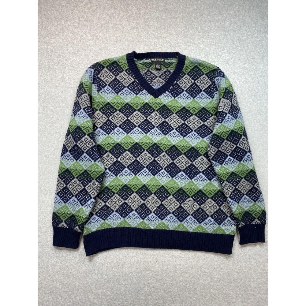 Consensus Sportswear Sweater Mens‎ XL Blue Green Argyle V Neck Cotton Wool Blend